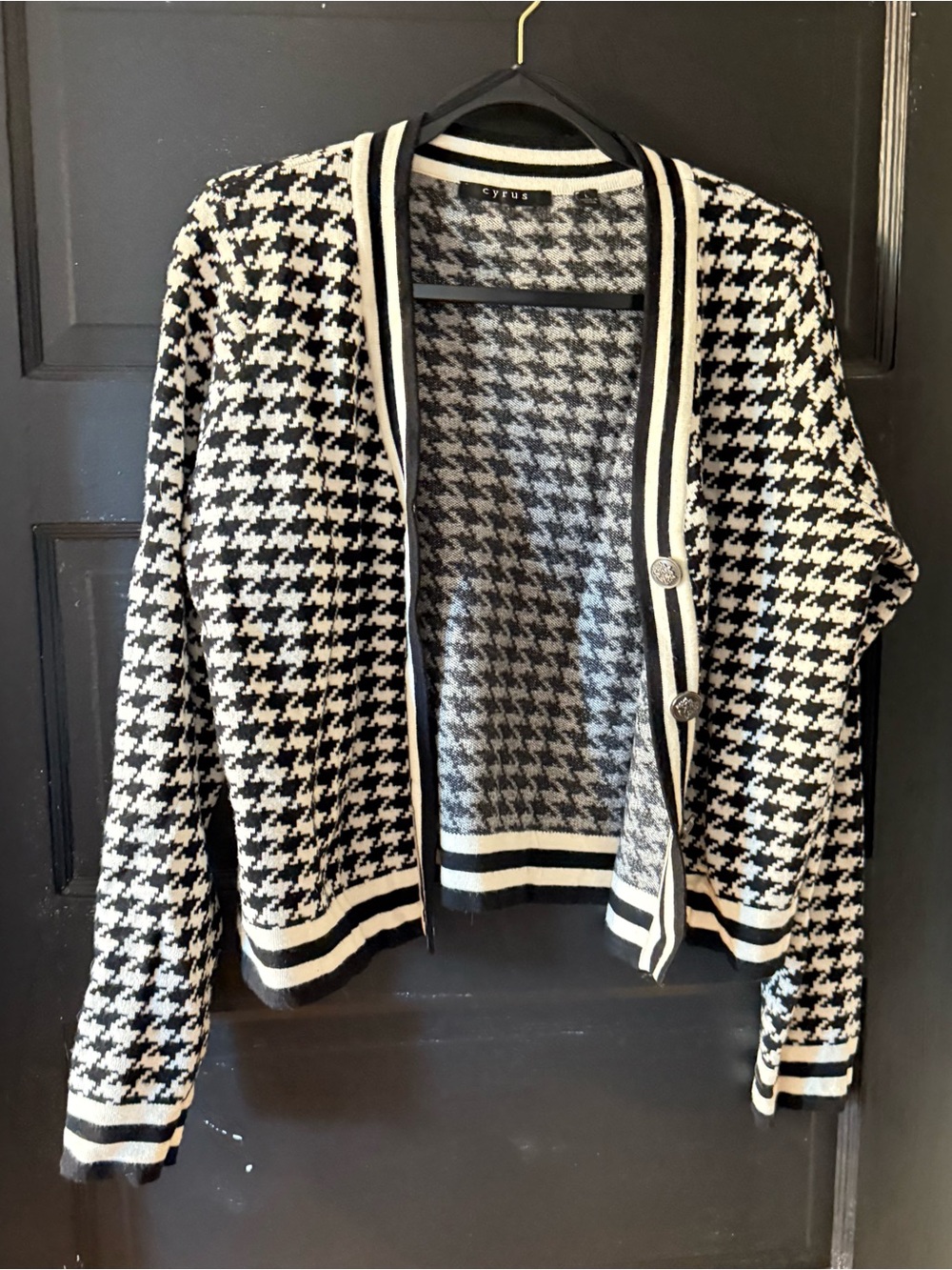Cyrus Black & White Houndstooth Cardigan with Stripe Trim